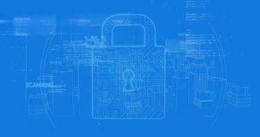 Ekran ve program kodları ile ekranın ortasında bir dijital kilit dönen bir şehirde sanal binaların dijital animasyon. 4k