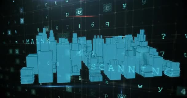 画面で回転する都市の仮想建物のデジタルアニメーションと 前景4Kで移動する文字と数字を持つ異なるオンラインセキュリティ用語 — ストック動画