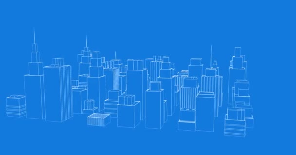 Цифровая Анимация Виртуальных Зданий Городе Вращающихся Синем Экране — стоковое видео
