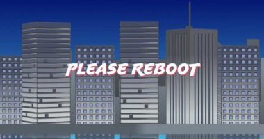 Beyaz dijital animasyon arka plan gri binalar ve mavi gökyüzü 4k gösterir ederken ekranda yakınlaştırma işareti lütfen yeniden başlatın