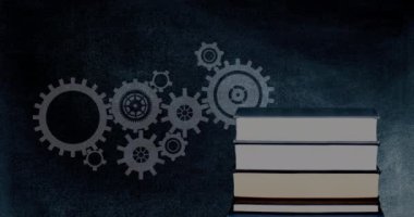 Bir yığın kitap ve gri vites siyah arka planda hareket dijital animasyon. 4k