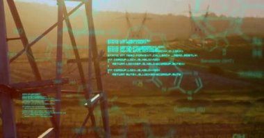 Ekranda görünen kimyasal yapıların ve program kodlarının dijital animasyonu. Arka plan gün batımı sırasında bir alanda iletim kuleleri gösterir. 4k