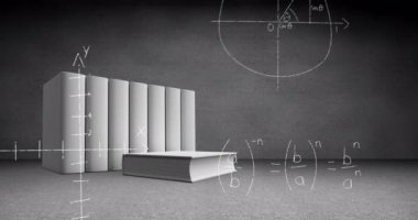 Beyaz kitapların dijital animasyonu, renkli bir odada bir kitap düz yer ile düzenlenmiş, rakamlar ile matematiksel denklemler ön planda 4k hareket ederken