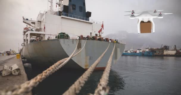 ロープ4Kで結ばれた船で港にホバリングしながら茶色の箱を運ぶ白いドローンのデジタルアニメーション — ストック動画
