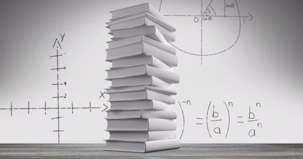 Digital Animation Pile White Books Wooden Table While Mathematical Equations — Stock Video