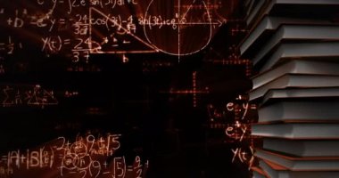 Matematiksel denklemler ve grafikler parlak bir karanlık arka plan 4k karşı ekranda hareket ederken bir yığın kitap dijital animasyon