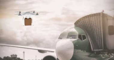 Beyaz drone 'un kahverengi kutu taşıyan ve uçak 4k ile havaalanında gezinirken dijital animasyonu
