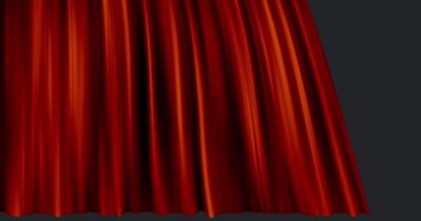 Kırmızı bir perde olarak görünen beyaz Finis tabelası dijital animasyon yan açılır. 4k