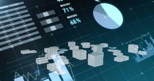 背景が右から左に移動する異なるグラフを示しながら ブルースクリーンで回転する都市の仮想建物のデジタルアニメーション4K — ストック動画