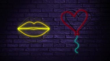 Koyu tuğla duvarda dudaklar ve kalp şeklinde balon gösteren neon işareti animasyon