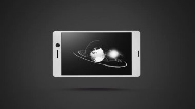 Gri arka planda bir akıllı telefonda görüntülenen siyah ve beyaz iplik dünya animasyonu