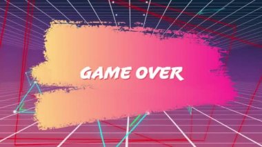 Animasyon kelime oyunu renkli beyaz ve kırmızı, grafik şekiller pembe ve sarı arka planda hareket ederken