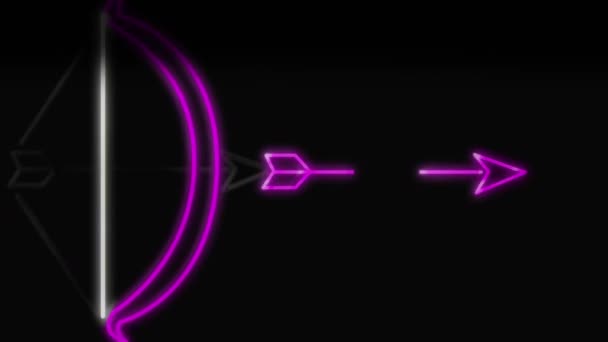 ピンク 青のネオンスタイルの弓と矢印サインのアニメーション 黒い背景に対する弓の射撃矢印 — ストック動画