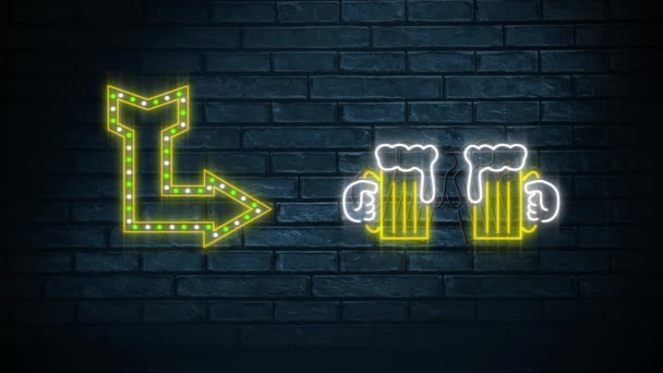 霓虹灯标志的动画 显示箭头和在黑砖墙上的啤酒杯 — 图库视频影像