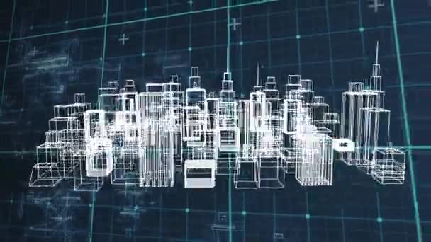Animation Drawing Modern City Rotating Grid Dark Background — Stock Video