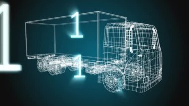 Siyah arka planda düşen sayılar ile bir kamyonun beyaz teknik çizim animasyonu