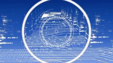 Mavi arka planda hareketli devre panosu diyagramı ve yanıp sönen güç bankaları üzerinden dönen beyaz eşmerkezli çevrelerin animasyonu