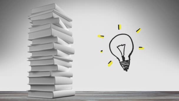 Animation Stack Blank Books Line Drawing Light Bulb Radiating Lines — Stock Video