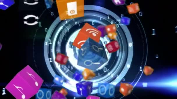 아이콘과 번호가 아래로 떨어지는 다채로운 큐브의 애니메이션 배경에 움직이는 — 비디오