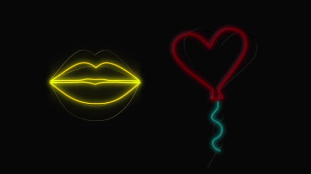 黒い背景に唇とハート型の風船を示すネオンサインのアニメーション — ストック動画