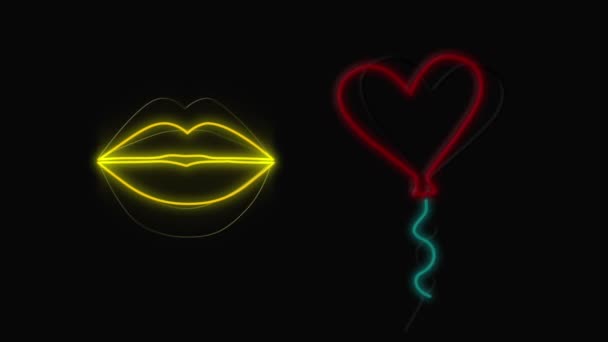 Animazione Del Segno Neon Che Mostra Labbra Palloncino Forma Cuore — Video Stock