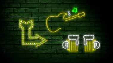 Siyah tuğla duvar üzerinde ok, gitar ve bozuk bira gözlükleri gösteren Neon işareti animasyonu