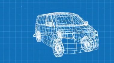 Mavi bir arka plan ve ızgarası düşen kareler ile minibüsün döner teknik çizim animasyon