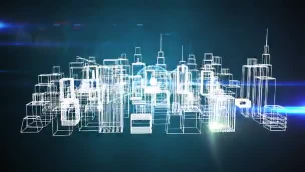 Animazione Della Città Moderna Girevole Grafica Comunicazione Globale Sfondo Blu — Video Stock