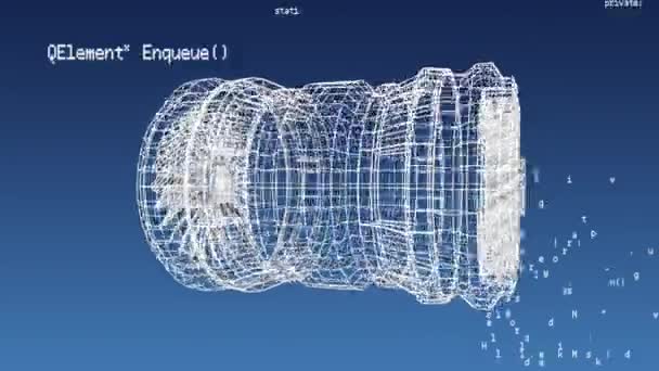 Animacja Obracającego Się Rysunku Technicznego Turbiny Danymi Pojawiające Się Niebieskim — Wideo stockowe