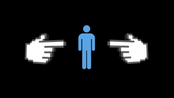 Animation Two Pixelated Graphic White Hands Pointing Blue Icon Person — Stock Video