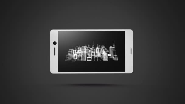 Animation Spinning City Displayed Smartphone Grey Background — Stock Video