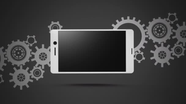 在灰色背景上打开智能手机后面的互连齿轮的动画 — 图库视频影像