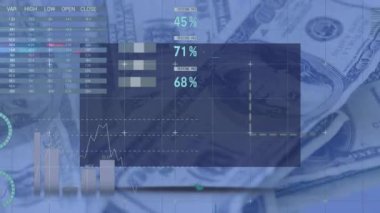 Gri ve mavi grafikler ve veri arkasında dönen dolar faturaları soluk görüntü ile karanlık bir arka planda hareketli animasyon