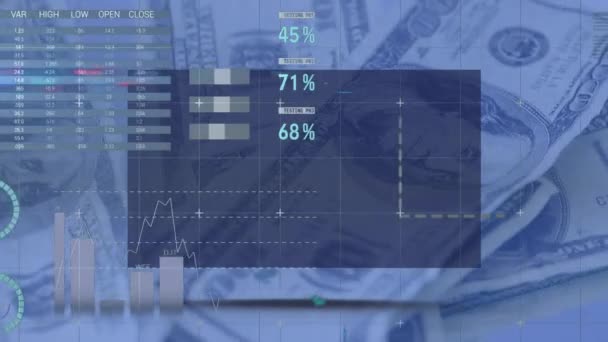 Animación Gráficos Grises Azules Datos Moviéndose Sobre Fondo Oscuro Con — Vídeo de stock