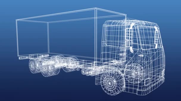 蓝色背景上白色车轮的卡车技术绘图动画 — 图库视频影像