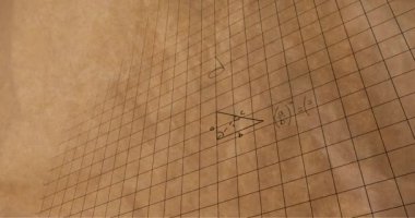 Matematiksel denklemler ve rakamlar dijital animasyon geri okul 4k için dokulu kahverengi arka plan video karşı kare desenler ile ekranda hareket