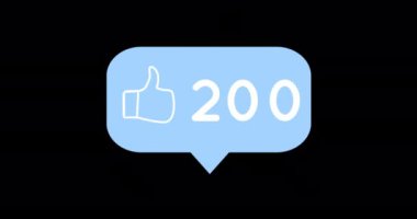 Artan sayılar ve sosyal medya için benzer bir simge ile siyah bir arka plana karşı mavi mesaj kabarcık simgesinin dijital animasyon