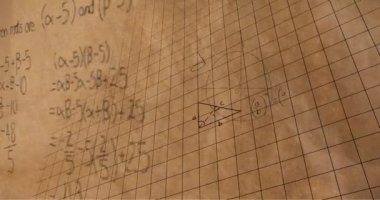 Matematiksel denklemler ve rakamlar dijital animasyon geri okul 4k için dokulu kahverengi arka plan video karşı kare desenler ile ekranda hareket
