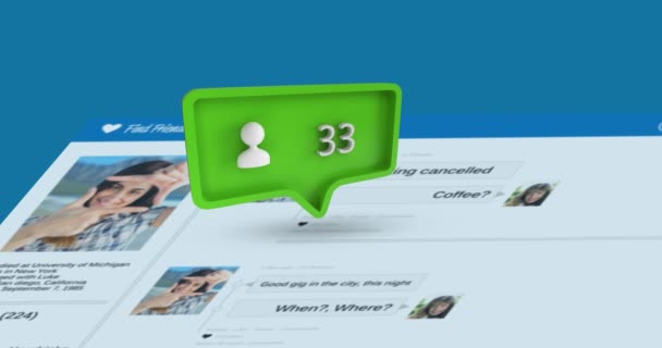 社交媒体账户接口的数字动画和带有简要图标的绿色消息泡沫 社交媒体的数字动画数量不断增加 — 图库视频影像