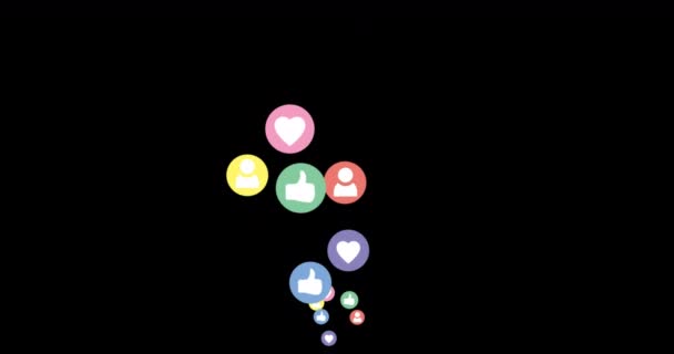 Цифрова Анімація Барвистих Кіл Рухаються Вгору Різними Піктограмами Соціальних Мереж — стокове відео