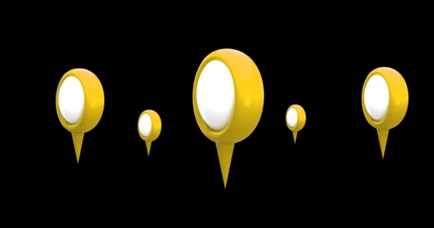 黒い背景に対して画面にホバリング中に灰色の円を持つ黄色の地図ピンのデジタルアニメーション — ストック動画