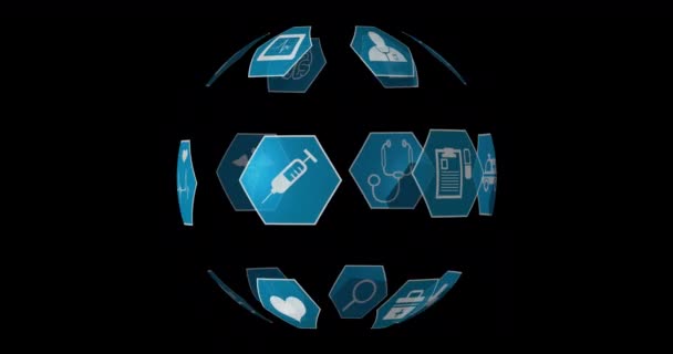 Цифровая Анимация Различных Медицинских Икон Синих Шестиугольниках Расположенных Сферически Вращаясь — стоковое видео