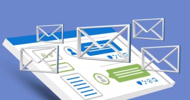 Bir mesaj arayüzü 4k ile beyaz bir tabletin üzerinde gezinan beyaz mesaj zarf simgelerinin dijital animasyonu