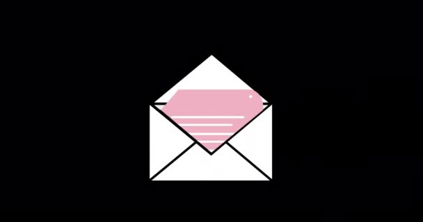 白色信封的数字动画在黑色背景 上打开粉红色音符 — 图库视频影像