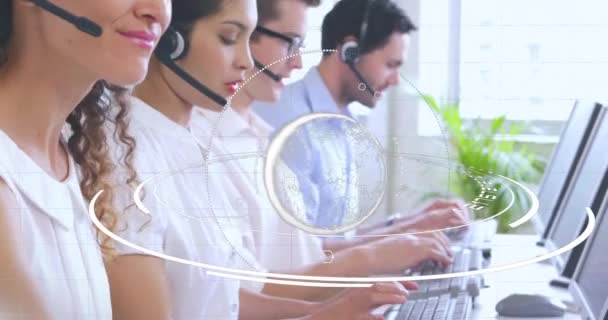 Digital Composite Diverse Call Center Representatives Working Office Futuristic Interface — Stock Video