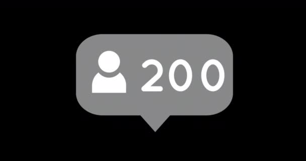 ソーシャルメディア用の黒い背景ビデオに対する数字の増加の横にプロファイルアイコンを持つ灰色のメッセージバブルアイコンのデジタルアニメーション — ストック動画