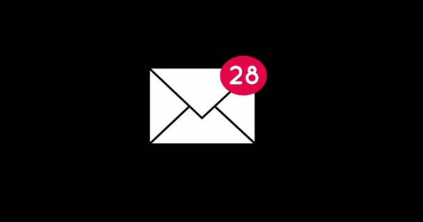 Digital Animation White Message Envelope Icon Increasing Numbers Black Background — Stock Video