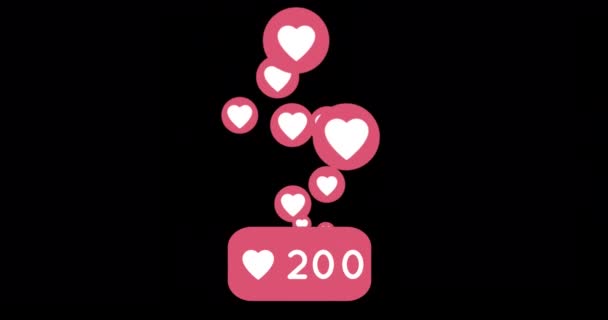 心脏图标的数字动画和粉红色方块内的数字增加 而粉红色圆圈中的心脏图标在社交媒体的屏幕中向上移动 — 图库视频影像