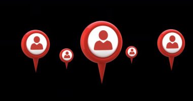 Siyah ekrana karşı orta vurgulama profil simgesi ile kırmızı harita pin dijital animasyon