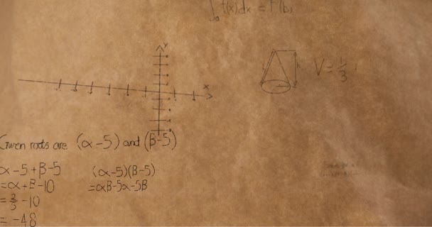 数学方程和图形的数字动画在屏幕上移动 根据纹理棕色背景视频返回学校 — 图库视频影像